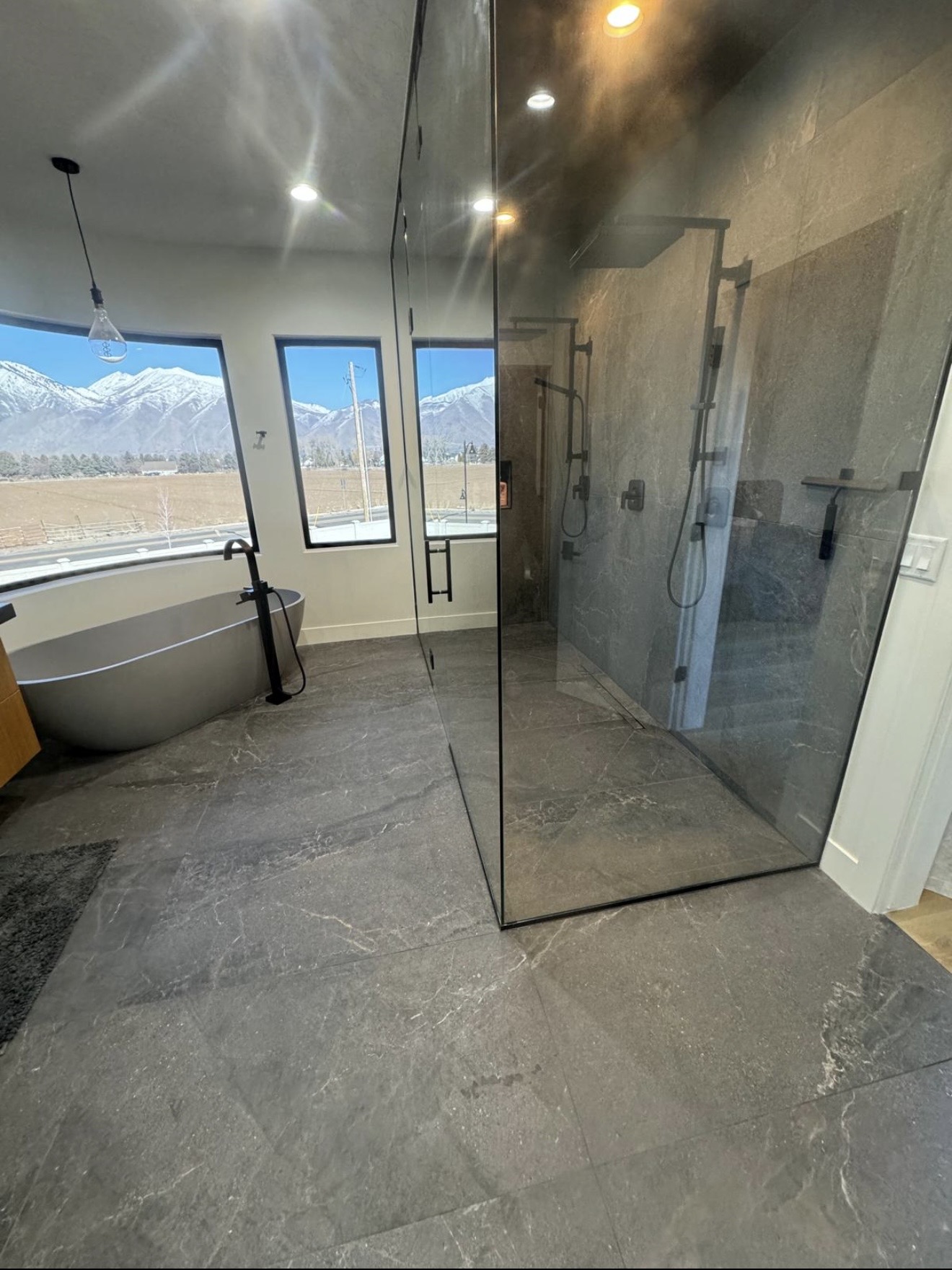 Modern glass shower and freestanding tub with mountain views